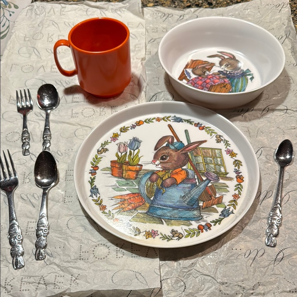 Vintage Peter Rabbit dish set with silverware